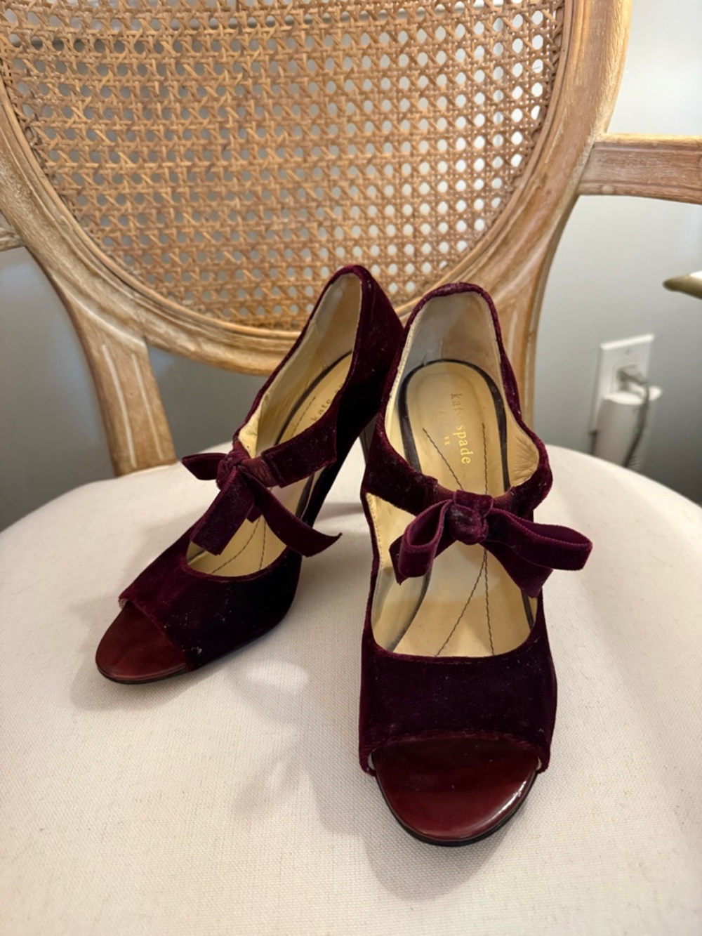 kate spade Wine Velvet Peep-Toe Heels with Bow Detail